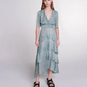 ROBE BLEU À VOLANTS EN LUREX STRETCH