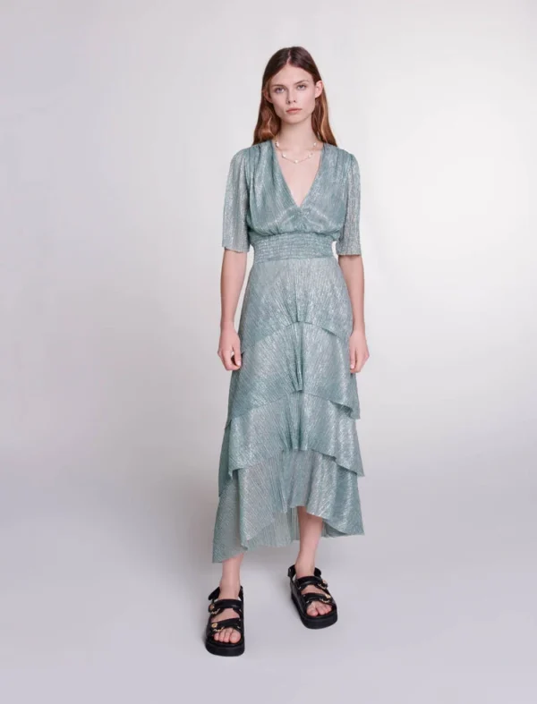 ROBE BLEU À VOLANTS EN LUREX STRETCH